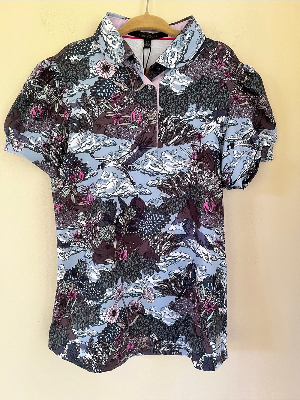NWT Greyson Girls' In The Clouds Scarlett Puff Sleeve Polo, Wolf Blue, Size M/8